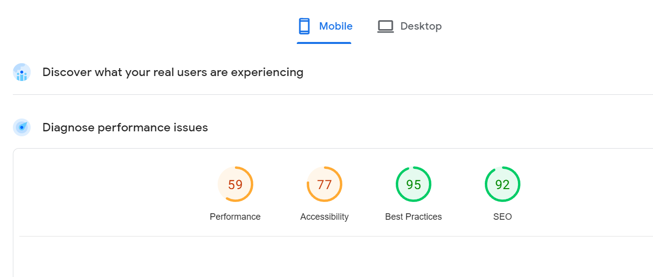 A website analysis screen by Google PageSpeed Insights.